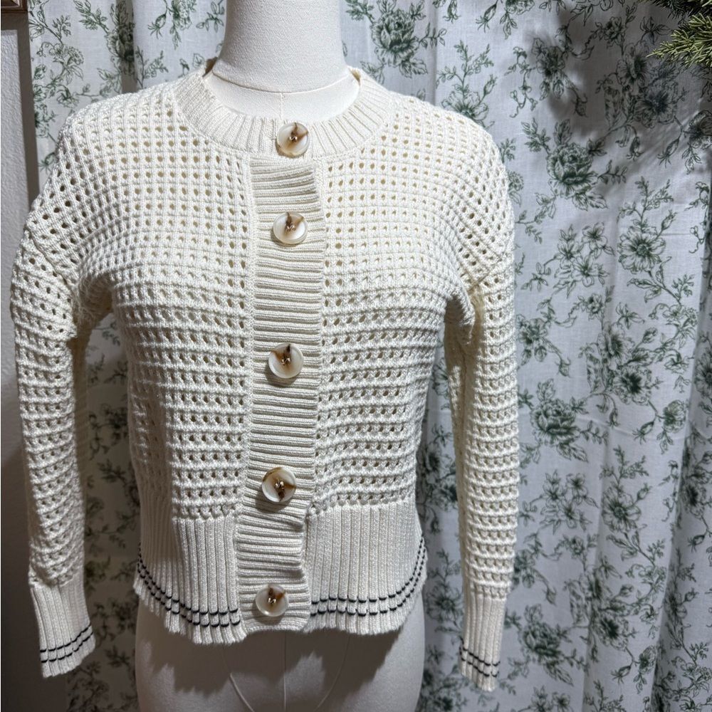 Magaschoni Cream Knit Button-Up Cardigan with Black Trim - Picture 2 of 5